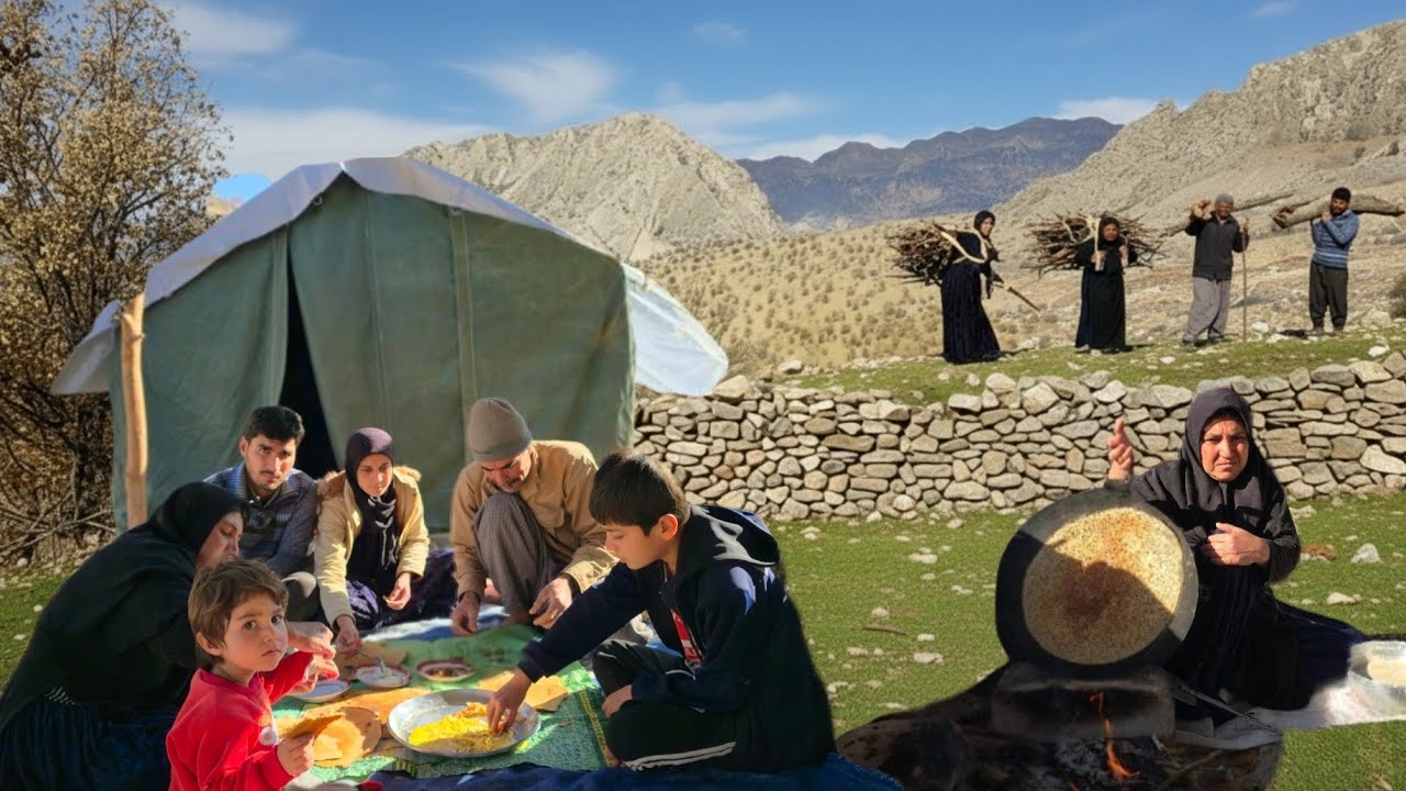 Winter in the mountains: 🍞 Authentic Nomadic Morning Gathering Firewood & Baking Traditional Bread