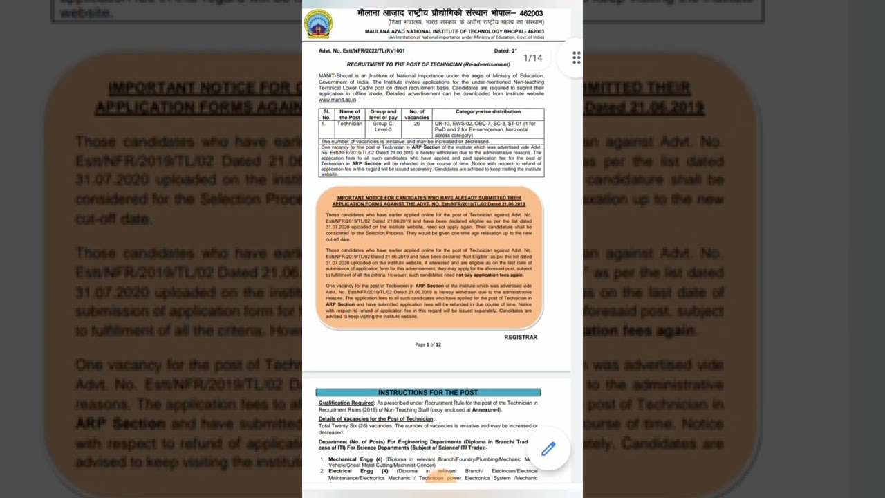 MANIT Recruitment 2022 || Permanent Job || Diploma and ITI pass Apply Online
