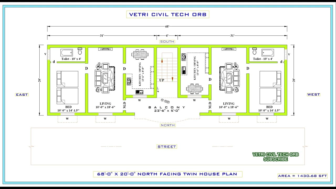 68-0 x 20-0 North facing twin house Plan