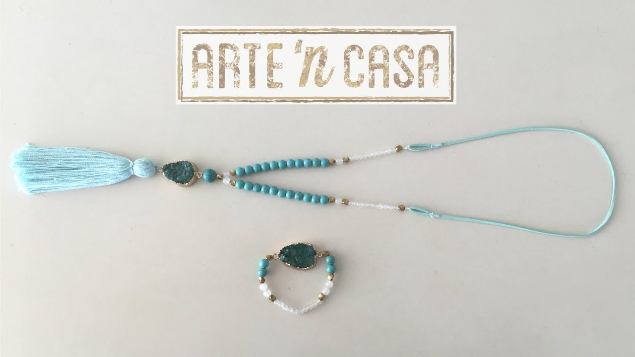 Collar y pulsera druzy azul, borla azul y cuentas jade blanco y turquesas