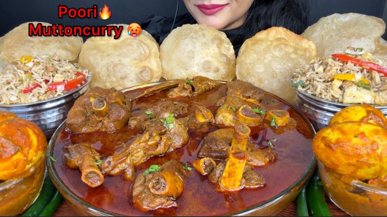 ASMR EATING PURI MUTTON CURRY,CHICKEN FRIEDRICE,EGG MASALA 