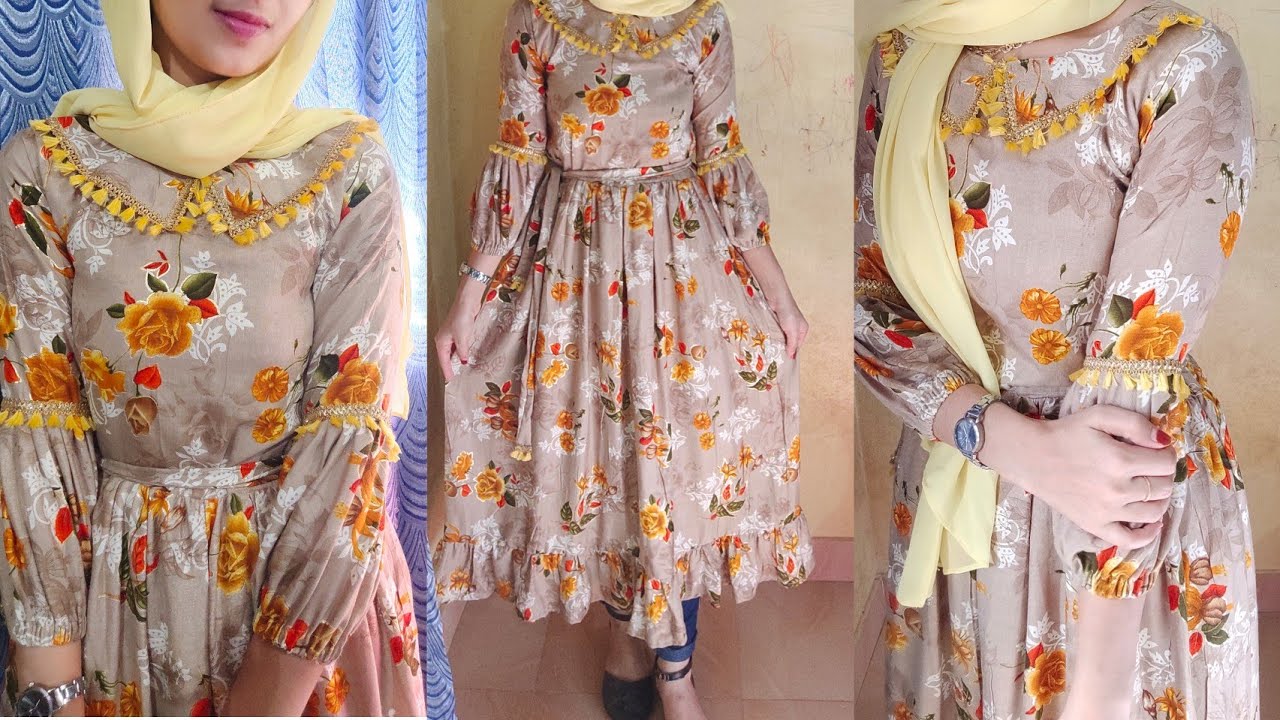 DIY : Maxi dress with Peter pan collar neck/ balloon Sleeve design