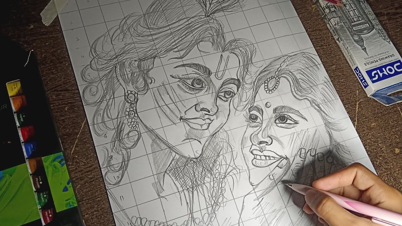 Radha Krishna Playing Holi Drawing, outline tutorial, Holi Special Drawing#abhyu#arts.