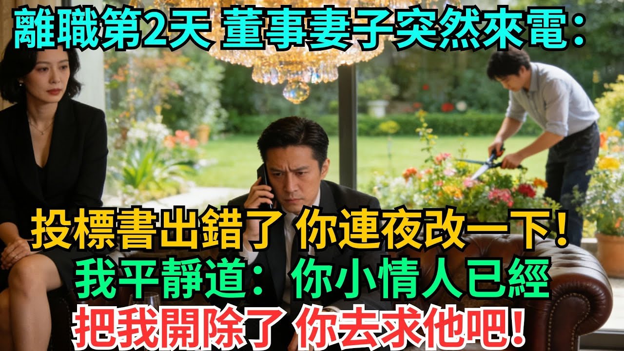 離職第2天，董事妻子突然來電：“投標書出錯了，你連夜改一下！”我平靜道：“你小情人已經把我開除了，你去求他吧！”她聽完瞬間愣住#職場#情感