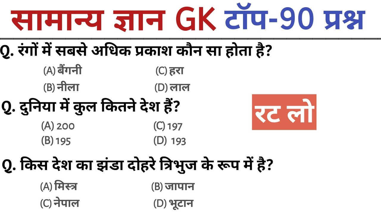 सामान्य ज्ञान | General Knowledge | Top 80 GK/GS questions | SSC GD, MTS, RPF, CRPF | GK quiz