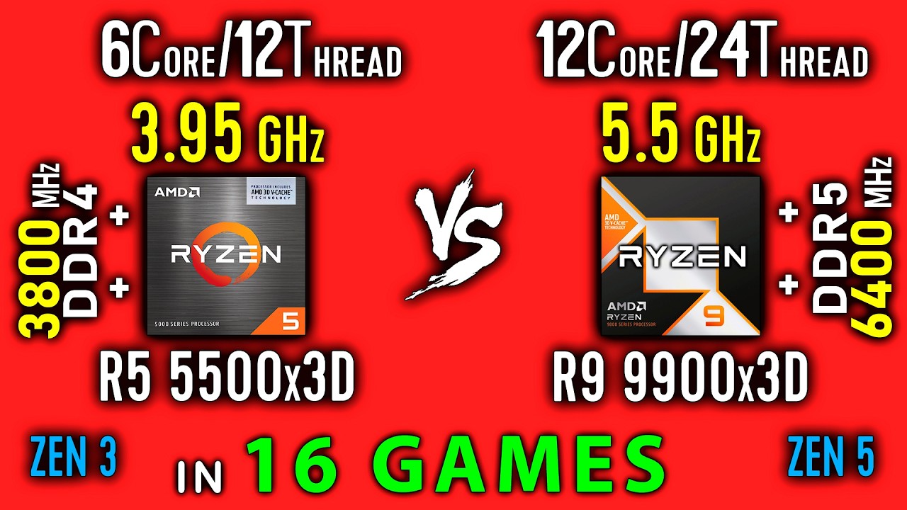 Ryzen 5 5500X3D vs Ryzen 9 9900X3D in 16 Games | R5 5500x3D vs R9 9900X3D + Thermal Power Efficiency
