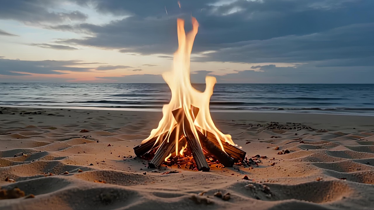 Beach Campfire at Dusk – Ocean Calm & Warm Flames