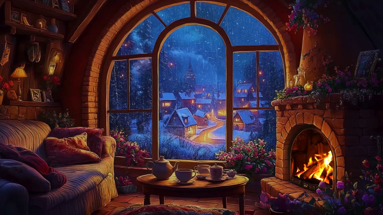 Dreamy Blue Winter Night in a Snowy Village ❄️ Gentle Rain on Window & Snow | Deep Sleep