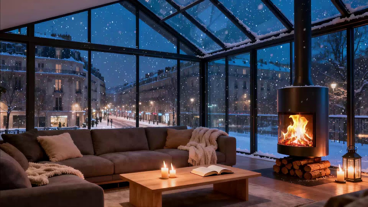 City Snowstorm Outside 🔥 Warm Hearth Glow and Evening Stillness