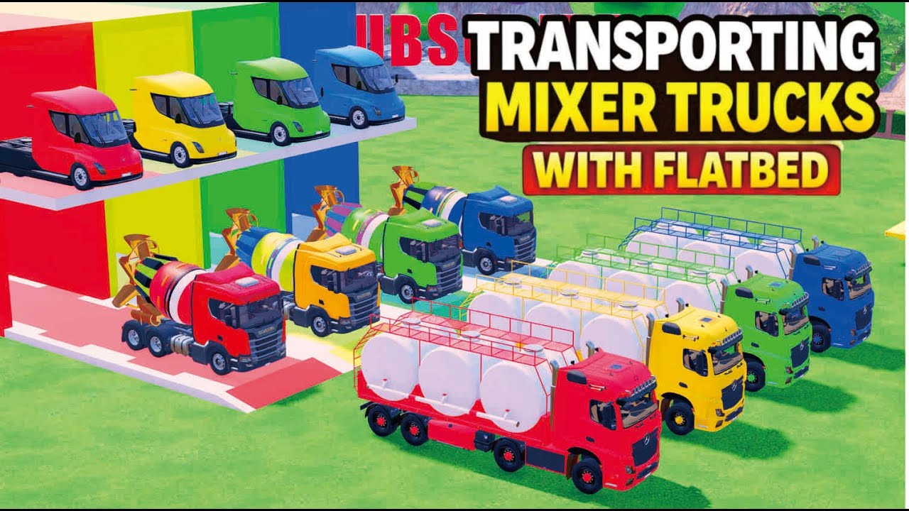 TRANSPORTING ALL COLORFUL SCANIA MIXER TRUCKS WITH FLATBED TRAILER MARCEDEZ WATERTANK, TESLA FS22