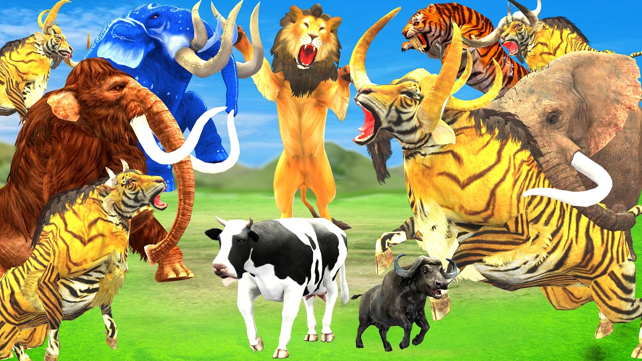 10 Tiger Bull vs 10 Mammoth Elephant Cow Cartoon Fight Lion attack Buffalo Saved By Woolly Mammoth