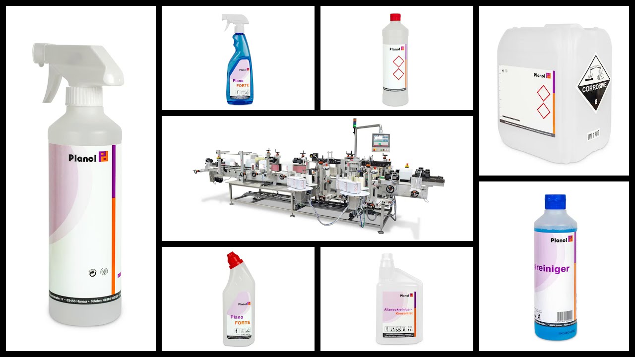 Canister and form bottle labelling for the chemical sector. 4 label application