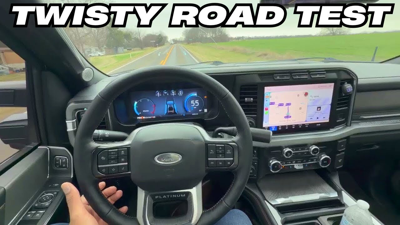 Вид от первого лица: За рулём Ford F250 6.7 Powerstroke 2023 года на извилистых проселочных дорогах.