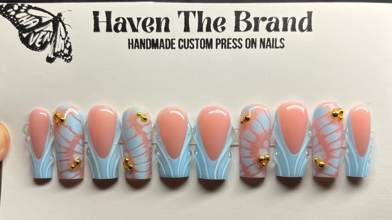 HOW TO: Press On Nail Tutorial! Bloomgng gel, 3d lines, gold accents |HavenTheBrand✨ 
