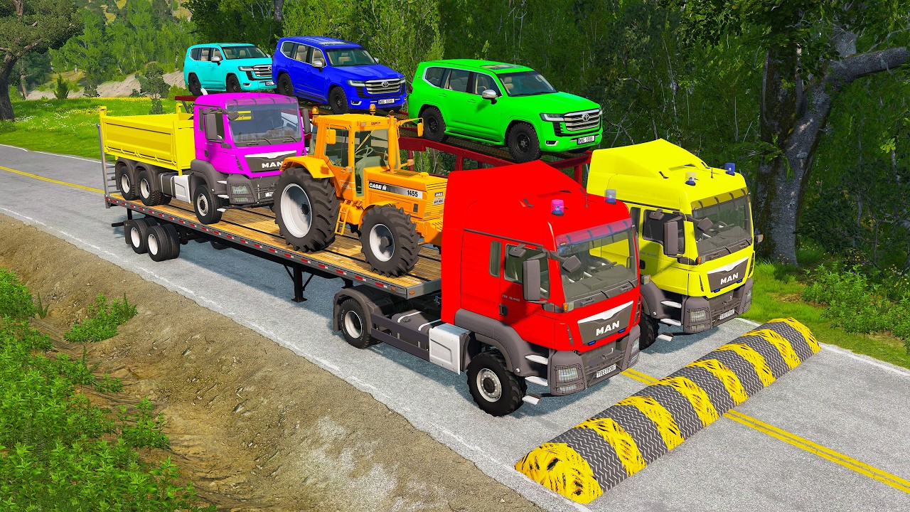 Flatbed Trailer McQueen Transportation with Truck - Speedbumps vs Cars vs Train - BeamNG #305