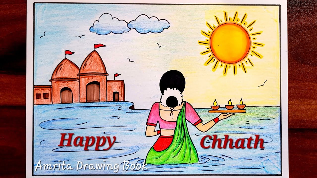 Chhath Puja Drawing | Chhath Puja Scenery Drawing | Chhath Festival Drawing | Chhath Puja Poster