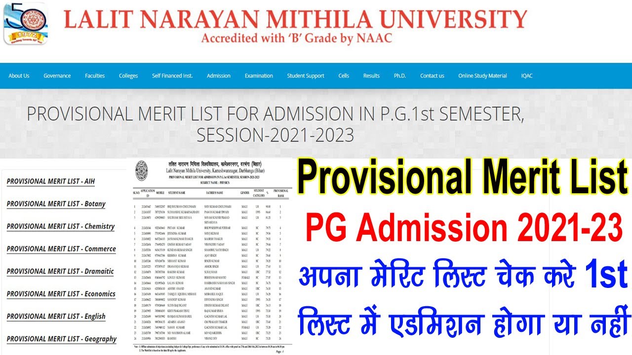 Mithila University PG Provisional merit List 2022 | lnmu pg admission 2021-23|