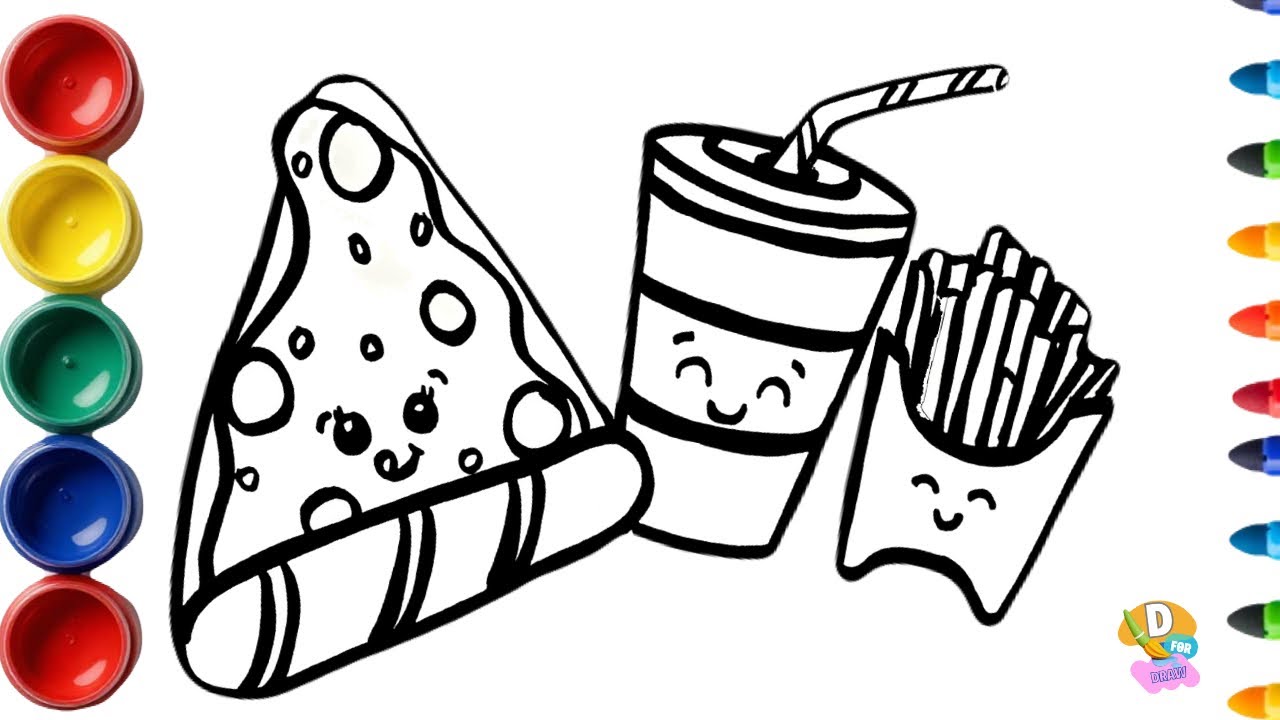 Draw cute Fast Food for kids Step by Step: Pizza, French Fries & Soda for Kids