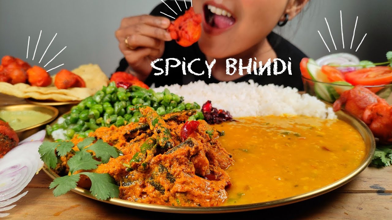 COOKING & EATING DAL CHAWAL, BHINDI MASALA, BEANS FRY, GOBHI PAKODE, SALAD, PAPAD MUKBANG