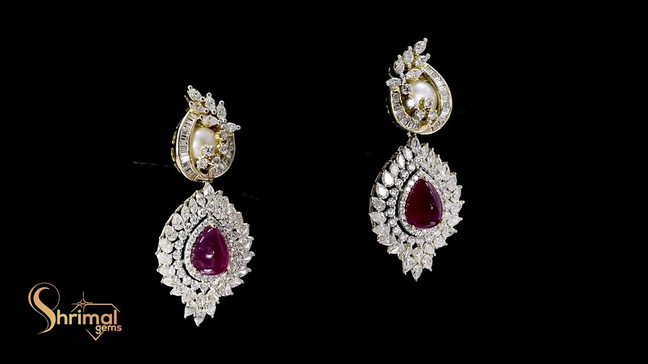 Shrimal Gems Exclusive: Pearl & Diamond Drop Earrings with Royal Ruby Charm