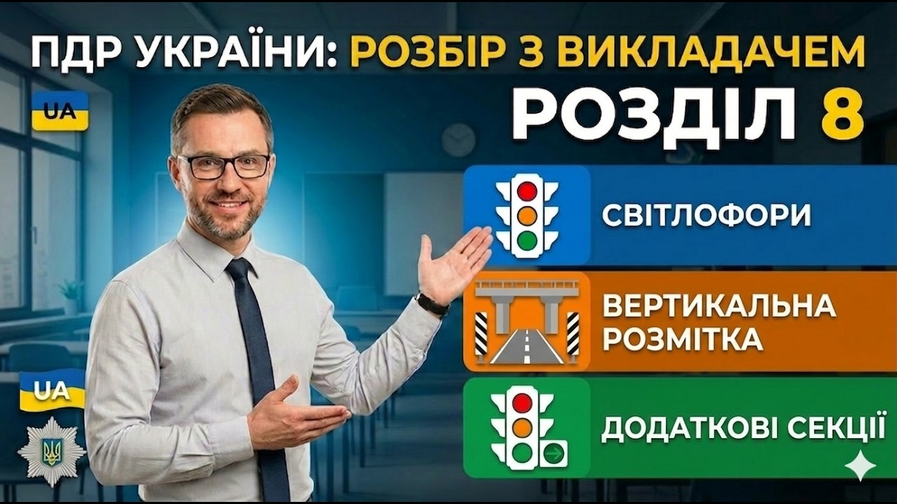 ПДР України. 8 розділ. Регулювання дорожнього руху. Вертикальна дорожня розмітка. Світлофори.