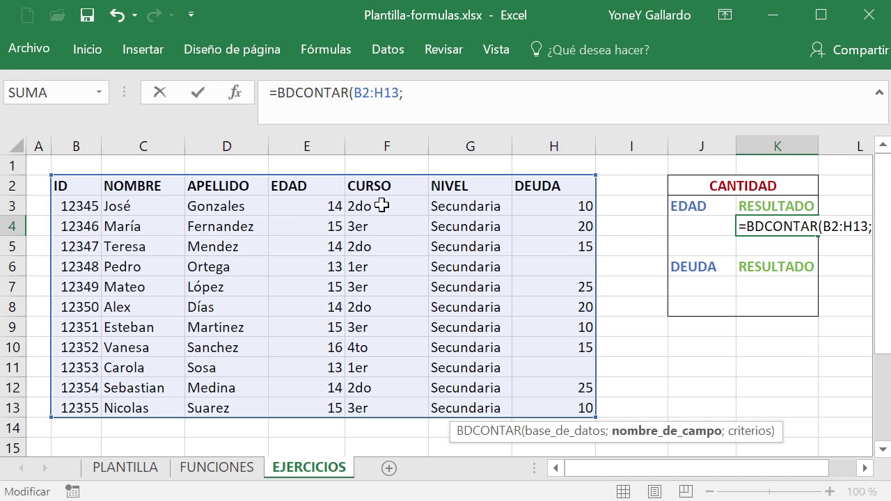 Funci&oacute;n BDCONTAR en Excel