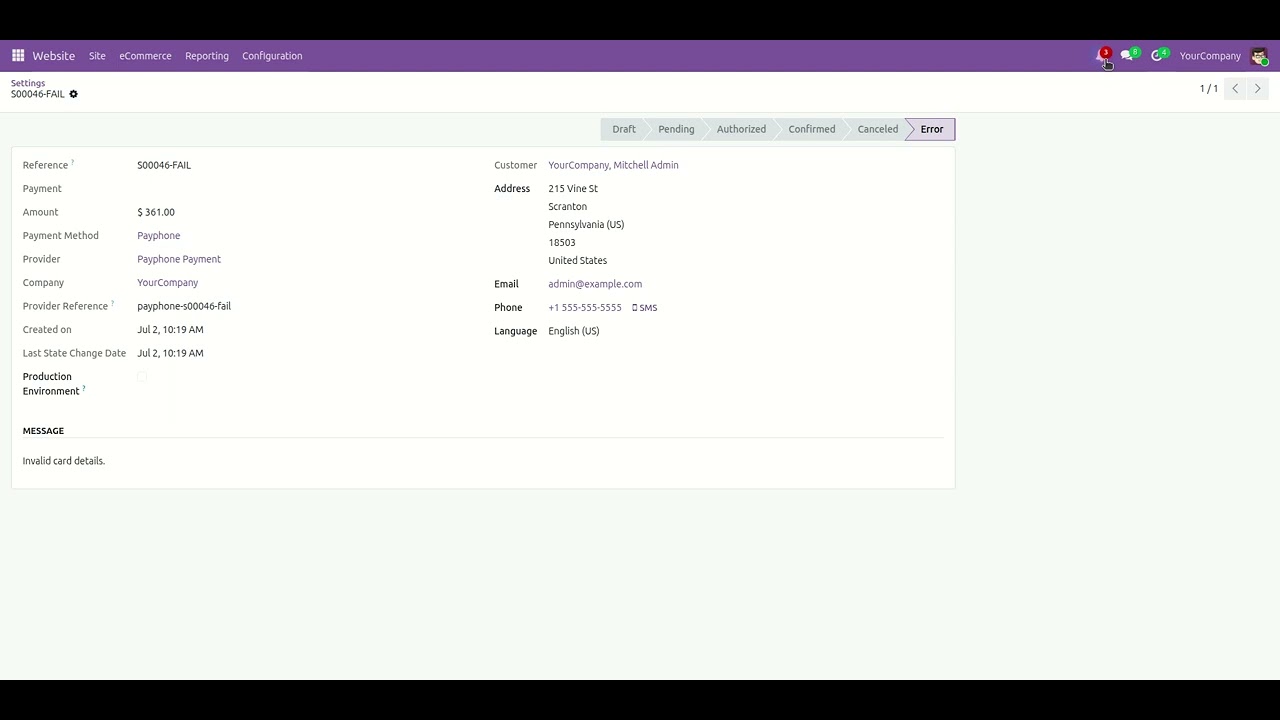 Payphone Payment Integration - Failed Payment Notification Odoo