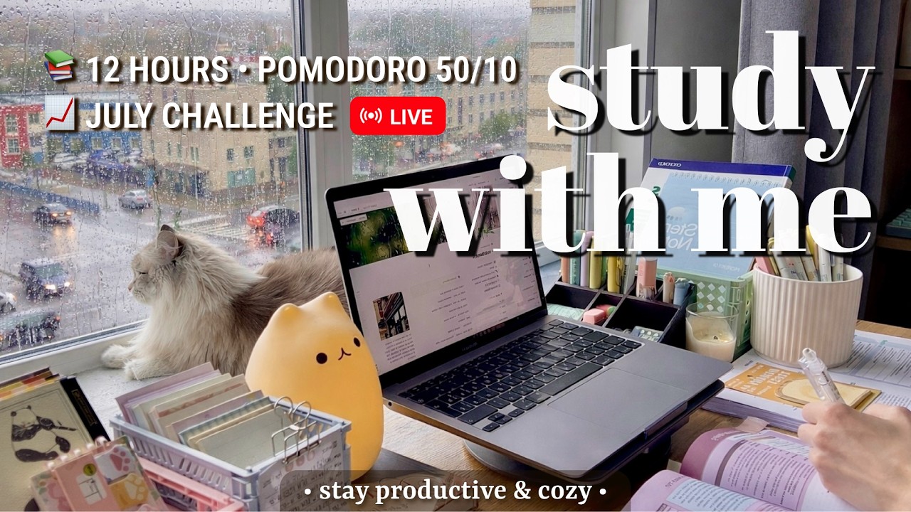 Challenge 🍃 12 Hours &bull; Study With Me | Rain Sound for Best Focus | 50/10 Pomodoro timer