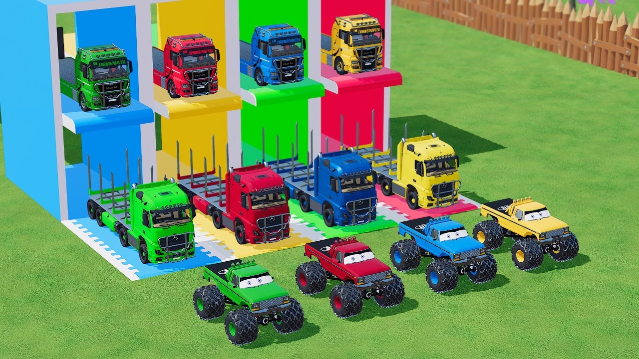 Garage with Colors - ALL MIXER TRUCK WITH DOUBLE FLATBED TRAILER TRUCK, MERCEDES, MAN, MACK, KAMAZ