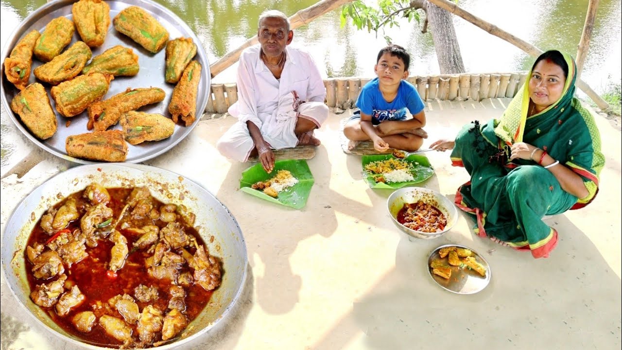 সম্পূর্ণ গ্রাম্যপদ্ধতিতে মুখে লেগে থাকার মতো chicken curry রান্না সাথে ঝিঙের বড়া||dhaba chicken