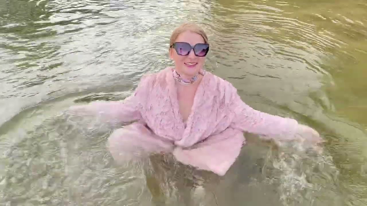 Wetlook • girl in a pink wet fur coat and wet tights #wet #girl #wetlook #river #tights