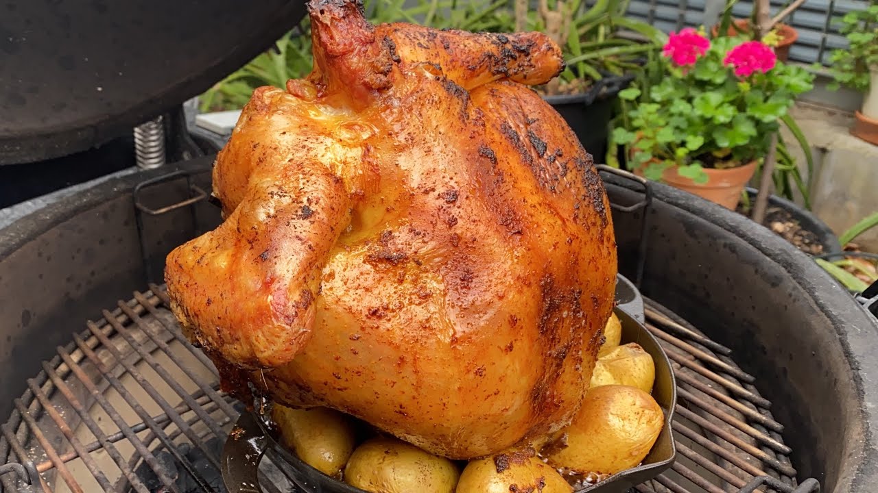 Pollo sentado al Kamado