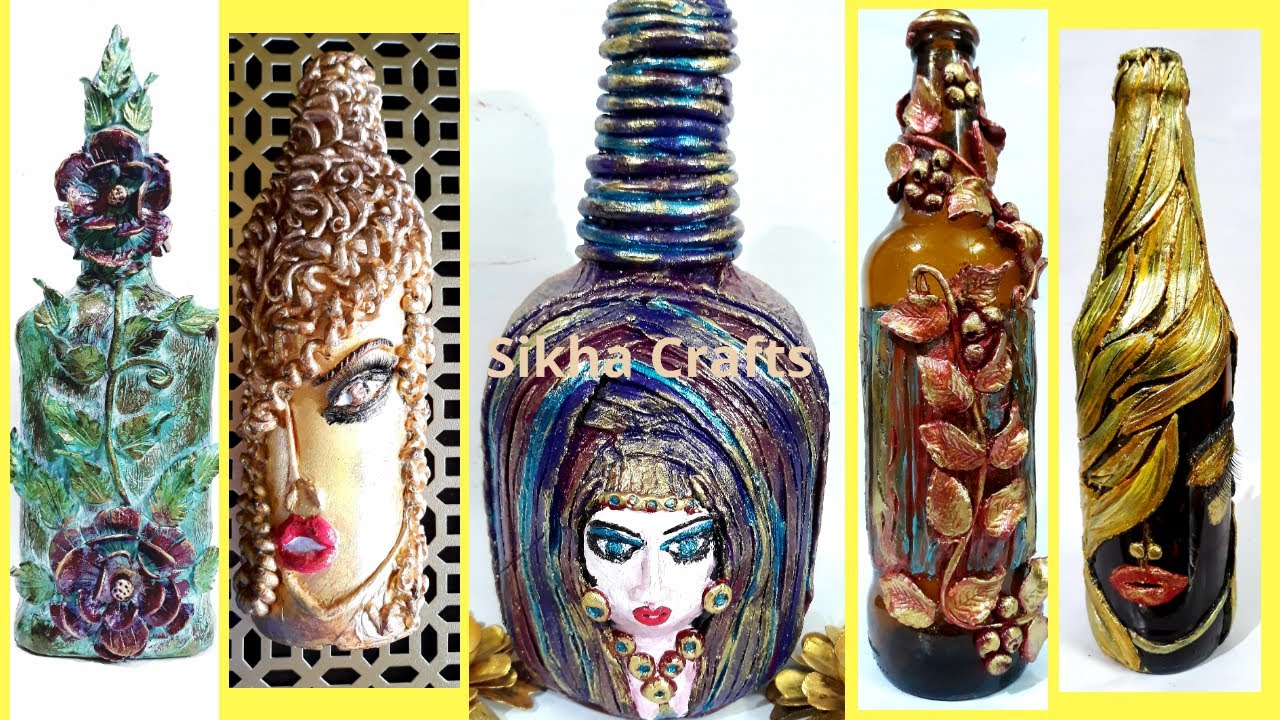5 Bottle Craft Ideas | 5 Bottle Decoration Ideas | Clay Art on Bottle | SIkha Crafts