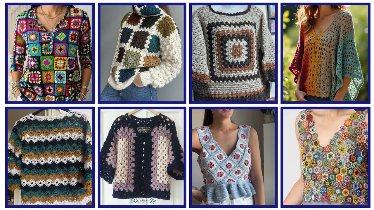 Elegante blusa de crochet con cuadrados de abuelita 