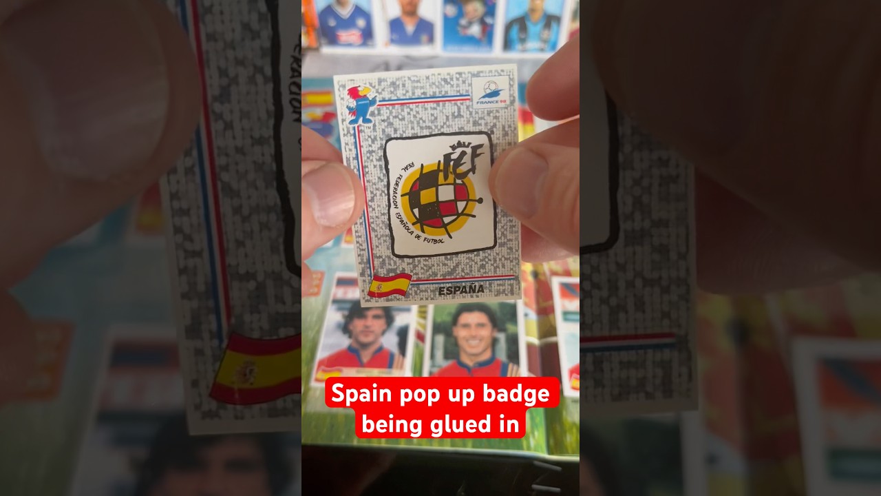 Spain pop up badge being glued into my France 98 album #france98 #worldcupshorts #footballstickers