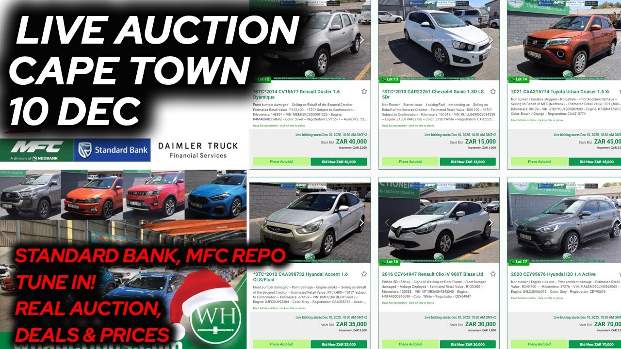 10 December - WH Cape Town Live Auction | Standard Bank & MFC Repossessed Cars | Subscribe