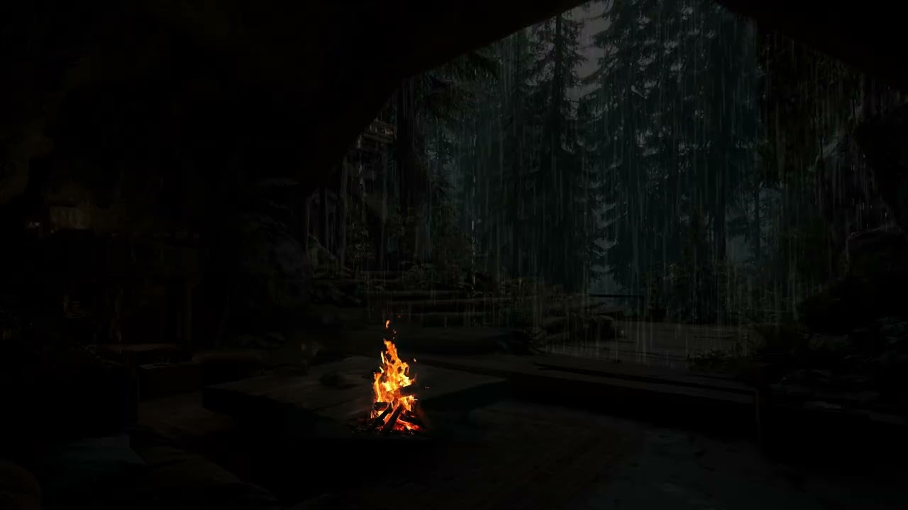 Heavy Midnight Rain in a Dark Forest for Relaxation and Rest | Cozy Fire Nature Soundscape