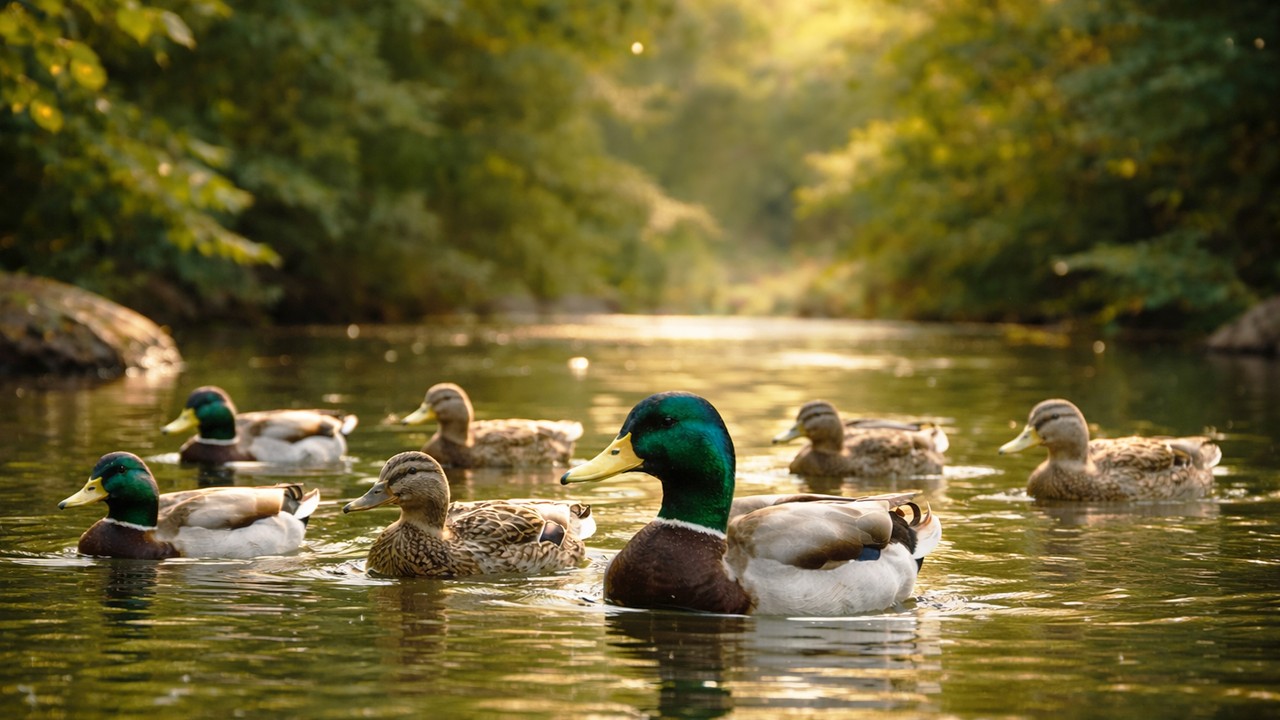 Ducks Swimming in a Quiet River at Dawn 🌿 Calm Music | Peaceful Wildlife Views