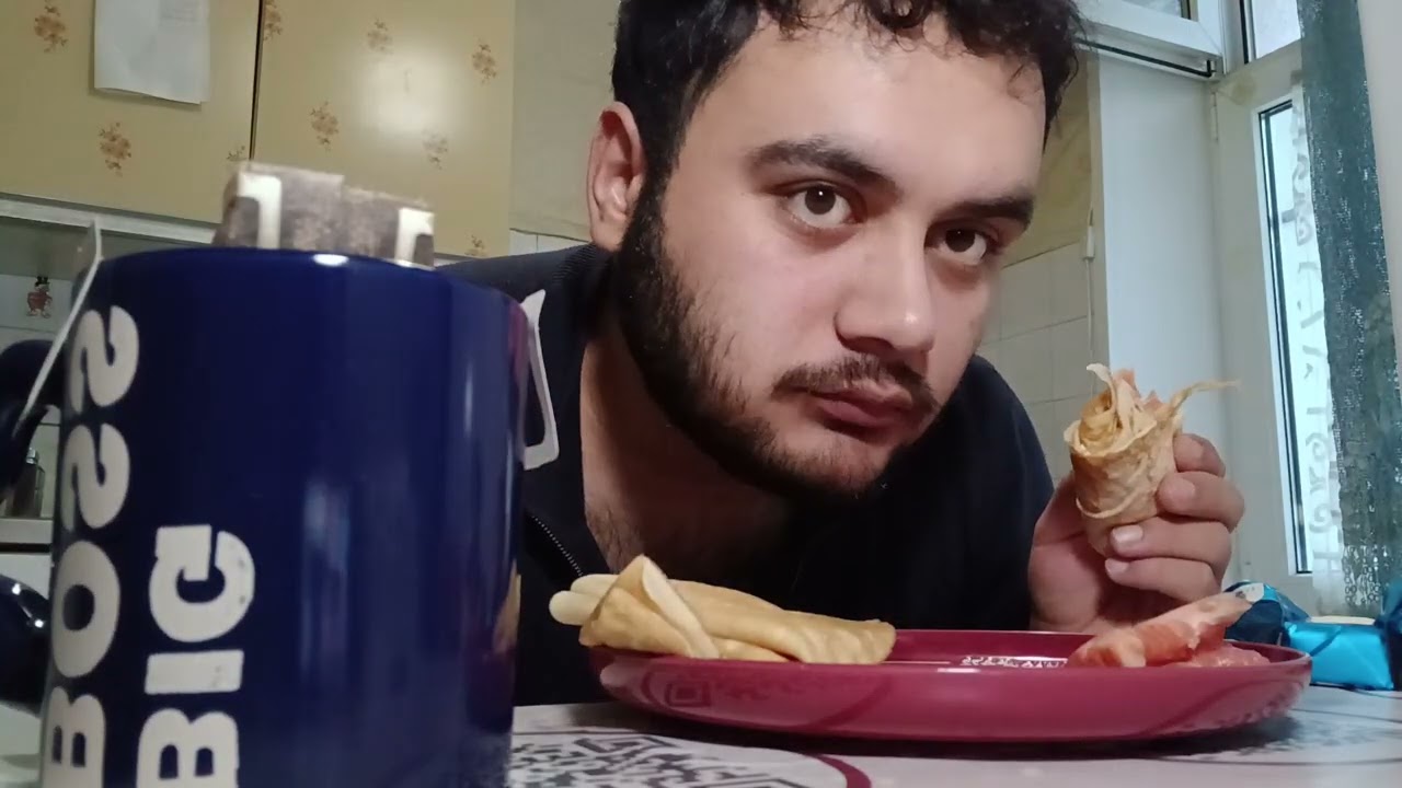 Mukbang|Мукбанг завтрак из блинов,слабосоленной форели, творожный 🧀 и кофе ☕️ 
