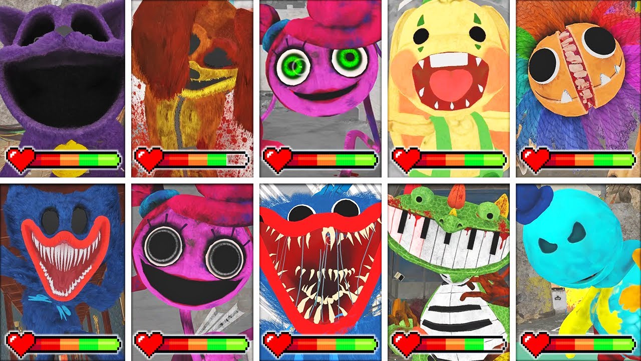 Poppy Playtime: Chapters 1-4 - All CHASE & JUMPSCARES in BRIGHT Mode with Healthbars