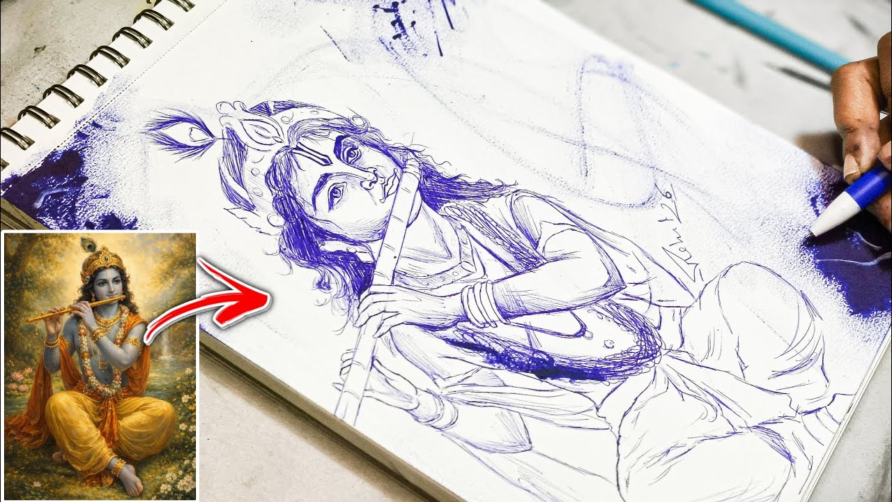 Draw With Me - Shree Krishna Drawing, Krishna Ji Drawing With Pencil, Pen Drawing, Step By Step 😍