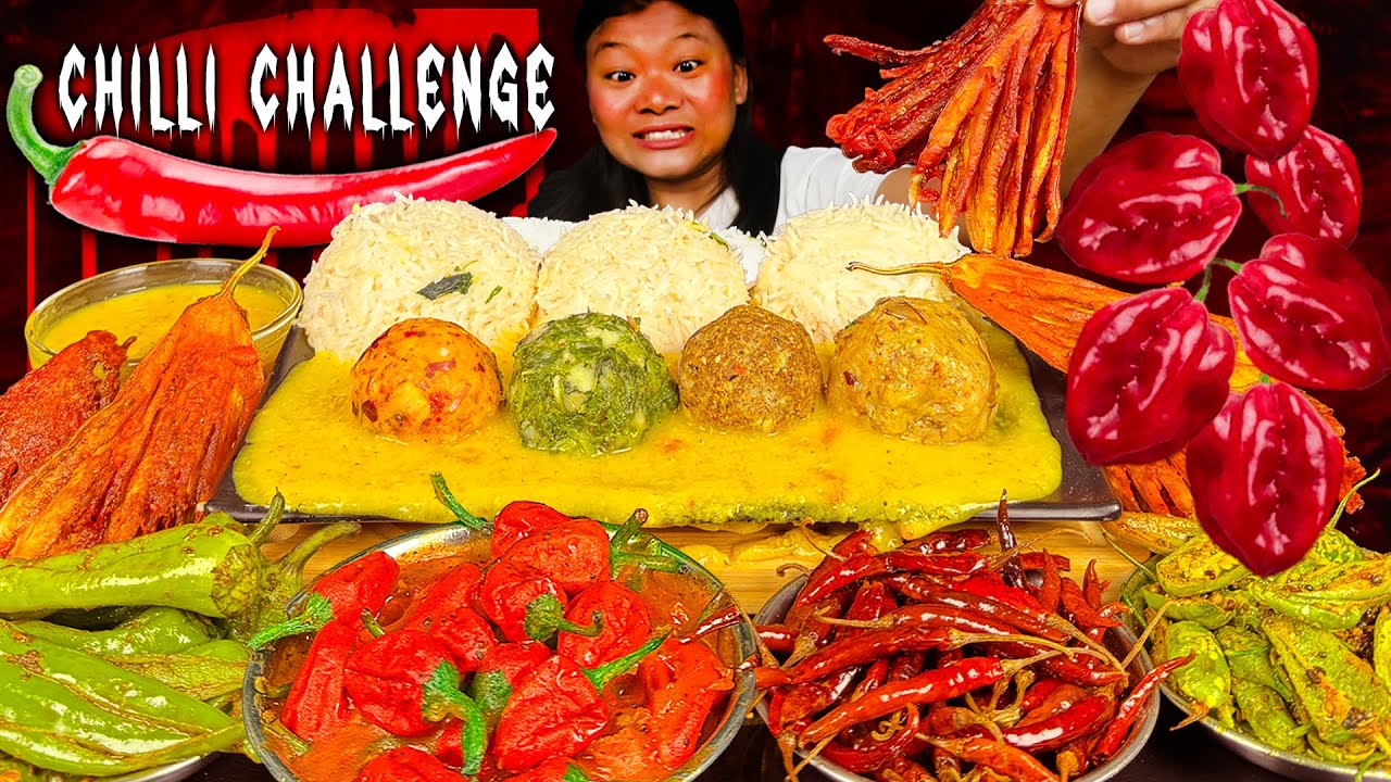 Extremely Spicy Chillies Challenge | Eating Different Types Of Chilly Curry | Spicy Food Mukbang