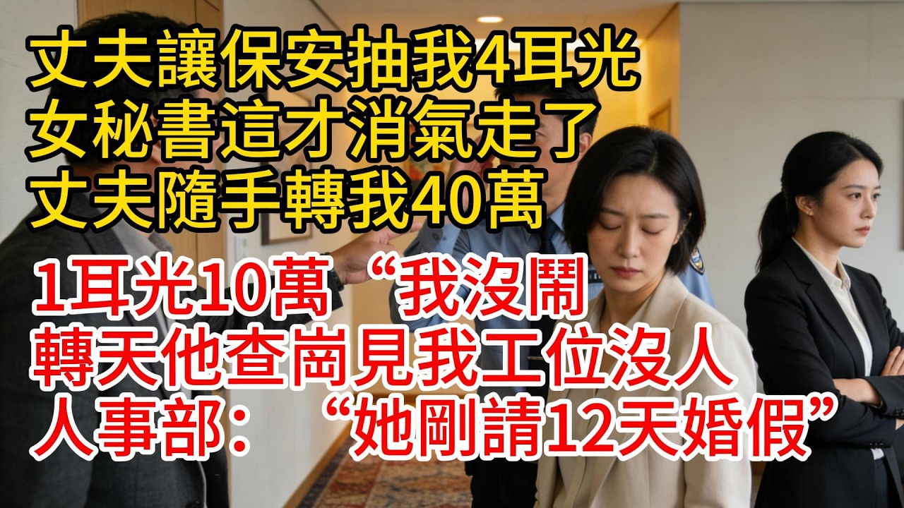 丈夫讓保安抽我4耳光，女秘書這才消氣走了，丈夫隨手轉我40萬：“1耳光10萬“我沒鬧，轉天他查崗見我工位沒人，人事部：“她剛請12天婚假”#故事頻道 #愛情紀錄 #情感 #小说 #爲人處世