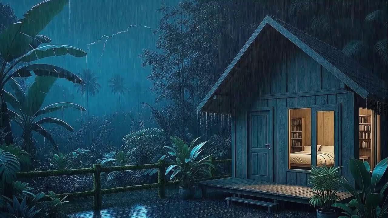 Gentle Rain and Soft Thunder Quiet Mind to Sleep in a Hidden Jungle Cabin 🌧️