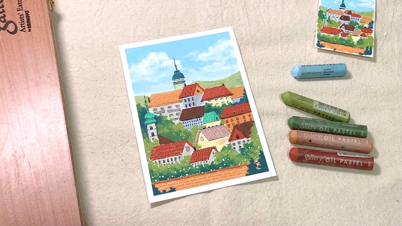 오일파스텔로 평화로운 어느 유럽의 풍경 그리기🏛 | Oil pastel drawing for beginner, Landscape of Europe