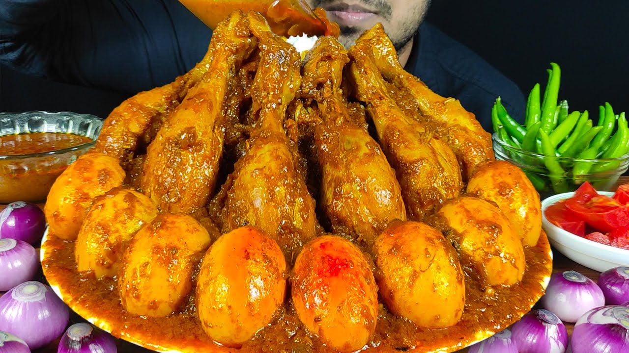 EATING SPICY CHICKEN LEG CURRY, EGG CURRY WITH RICE, CHILI, ONION | MUKBANG EATING SHOW | SOUNDS