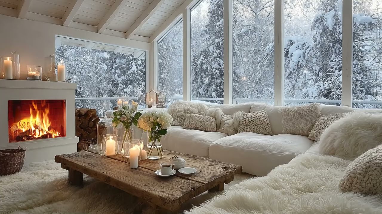 🔥🎹 Cozy Winter White Piano Lounge with Warm Fire and Floral Touches for 3 Hours of Calm