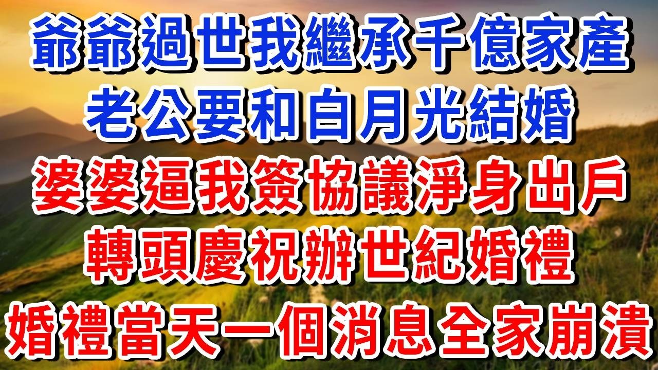 爺爺過世我繼承千億家產，老公要和白月光結婚，婆婆要我淨身出戶，我簽下離婚協議，他們全家慶祝轉頭辦世紀婚禮，誰知婚禮當天，一個消息讓他們全家崩潰#書婷講故事#生活經驗#情感故事#晚年哲理#說故事#完結文