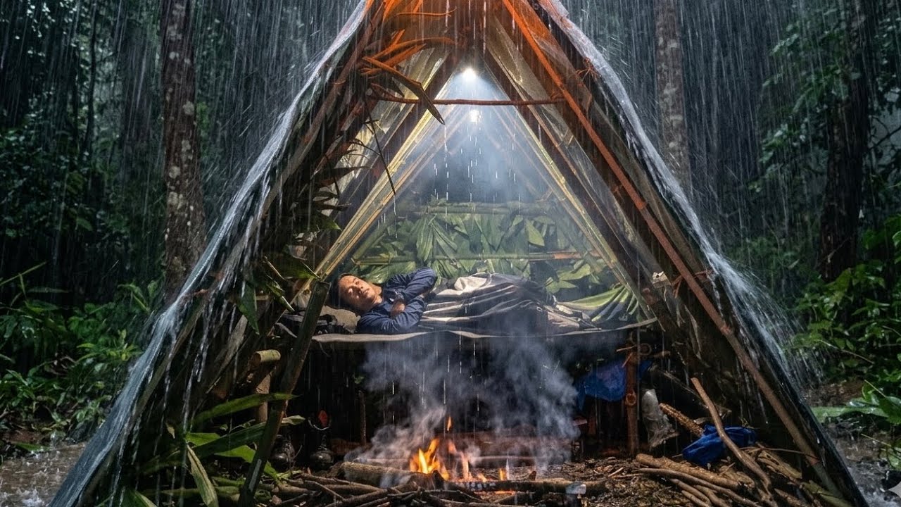 Bushcraft in Heavy Rain with Thunderstorm‼️ Building Warmth Shelter in Heavy Rain and Thunderstorm‼️