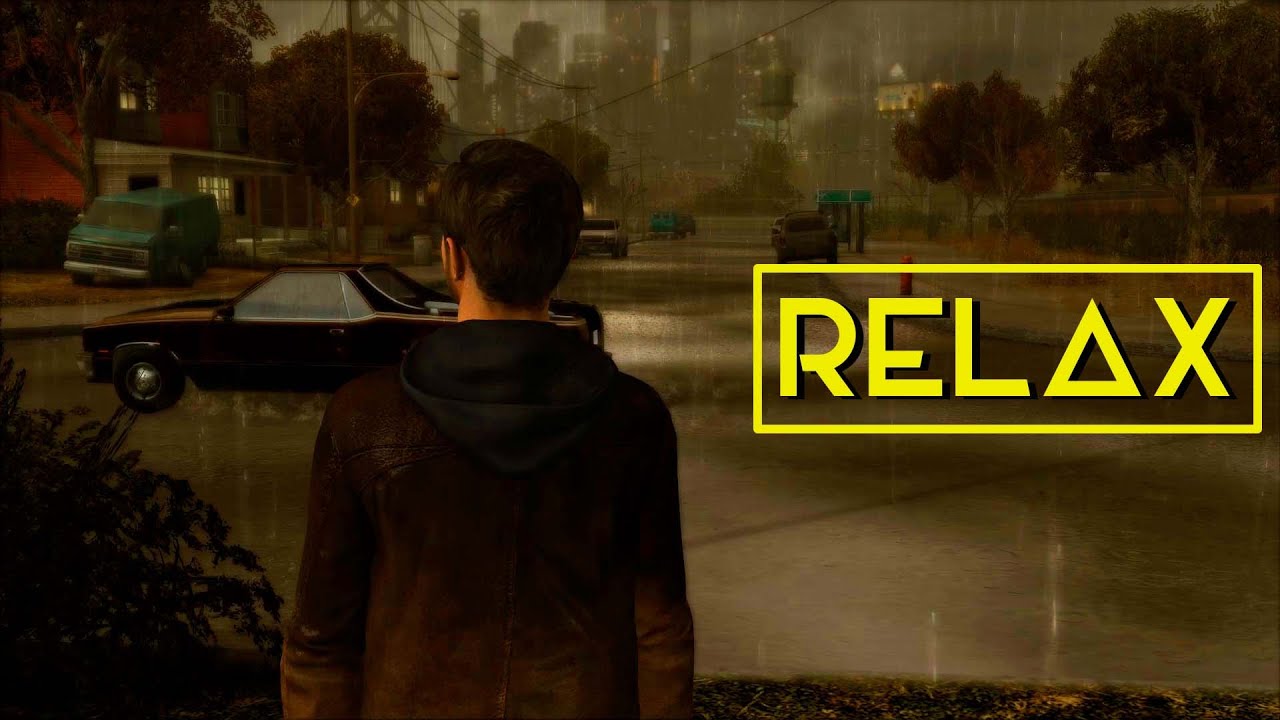 Heavy Rain Relax Ambient Game / On the side of the road in the metropolis in the pouring rain